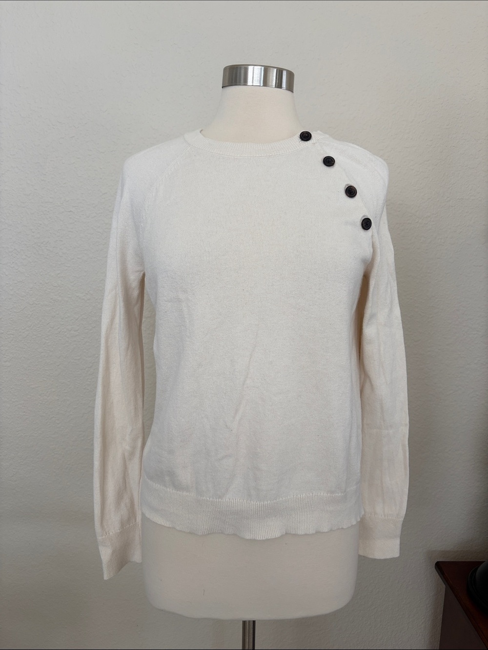 Abercrombie & Fitch Ivory Crewneck Sweater with Shoulder Buttons